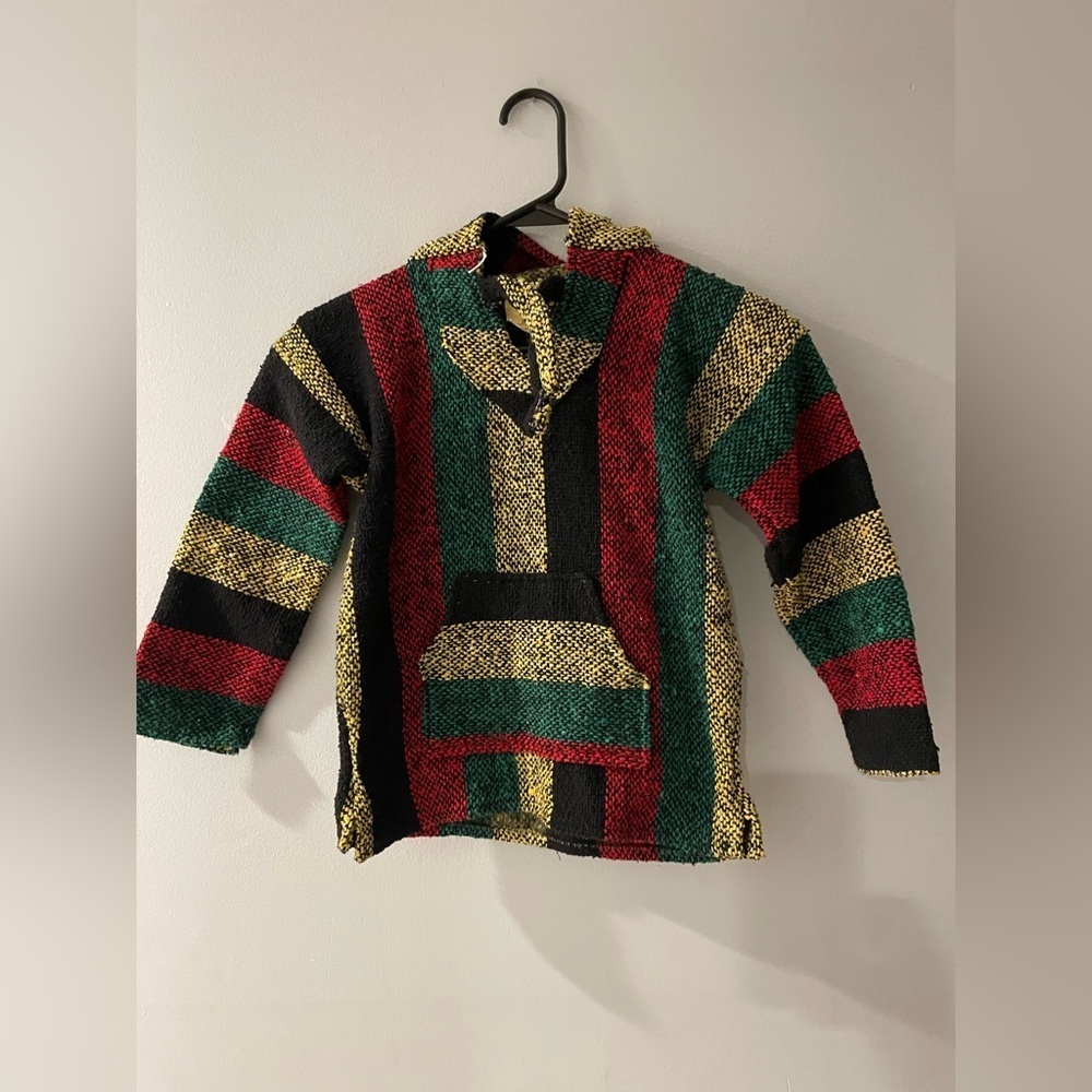 Baja ragz kids poncho red, black, green and yellow stripes size 8